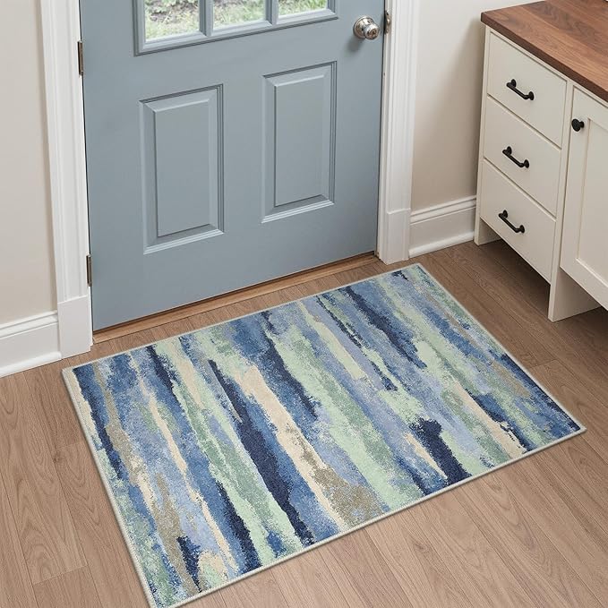 GENIMO 2X3 Washable Modern Doormat, Non-Slip Low Pile Chenille Area Rug, Small Entry Mat for Entrance Hallway Kitchen Bathroom, Sage & Tide