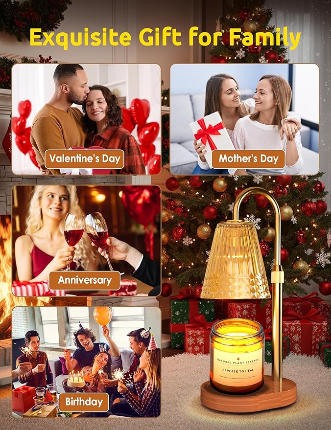 Candle Warmer Lamp with Timer, Dimmable Candle Lamp Warmer, Height Adjustable, Birthday Gifts for Women Mom, Vintage Home Decor for Scented Jar-Gold
