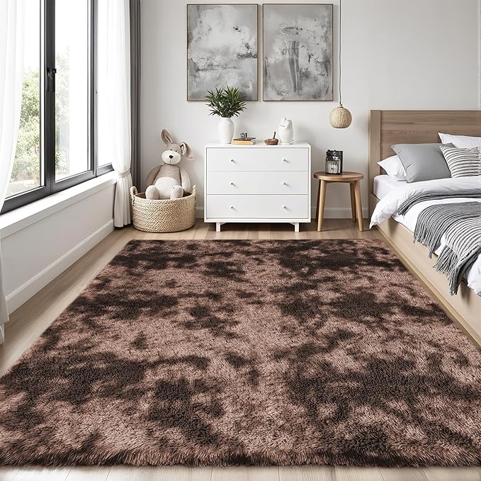Area Rug for Living Room Bedroom: 4x6 Soft Fluffy Shag Upgrade Non-Slip High Pile Carpet Large Fuzzy Plush Indoor Floor Decor Shaggy Coffe Tie-Dyed Rug for Kid Boys Girls Playroom Nursery Modern Home