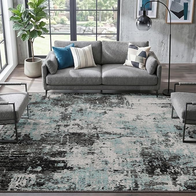 RELEANY Washable Area Rugs 5'x7' Non-Slip Modern Abstract Soft for Living Room Entryway Bedroom Nursery, Print Pattern, Blue Black Teal