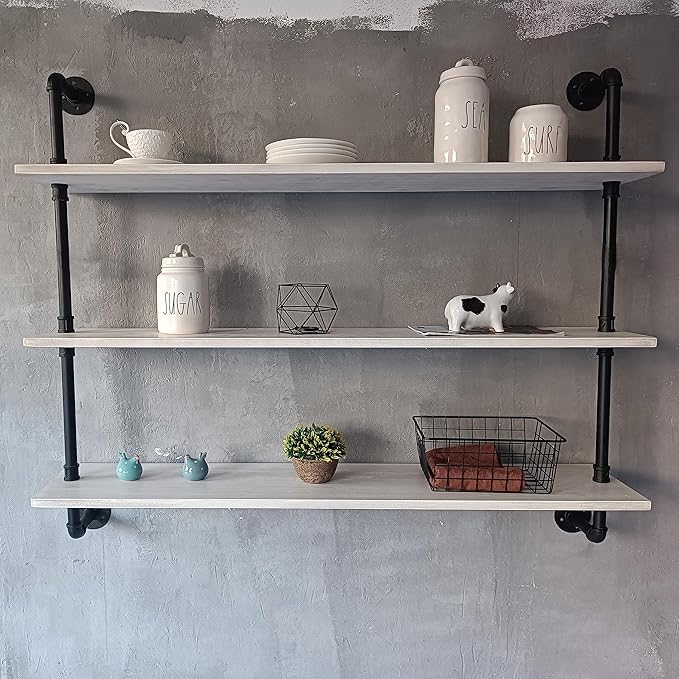 HDDFER Floating Bookshel Industrial Pipe Shelving Pipe Shelves Rustic White Wall Shelves 36 Inch Farmhouse Book Shelves for Kitchen Bar,Bathroom Wall Mounted