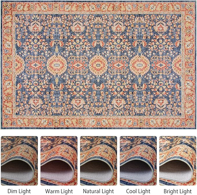 Goideal Washable Rug 8x10, Vintage Area Rugs Non Slip, Indoor Low Pile Carpet with Rubber Backing for Living Room Kitchen Bathroom Entryway Office Bedroom, Navy Blue & Orange