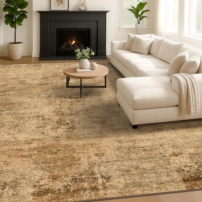 Hazo Haus Large Brown Golden Rug for Living Room - Rustic Farmhouse 9x12 Area Rug for Dining Room Table, Bedroom Under Bed, Non Slip with Rubber Backing & Stain Resistant