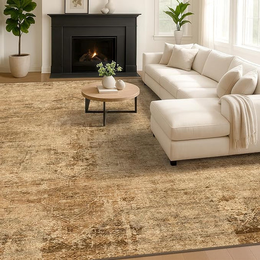 Hazo Haus Vintage Dark Gold Rugs for Living Room - 6x9 Distressed Print Pattern Large Area Rug for Bedroom, Dining Room Under Table, Thin & Soft Washable Brown and Yellow