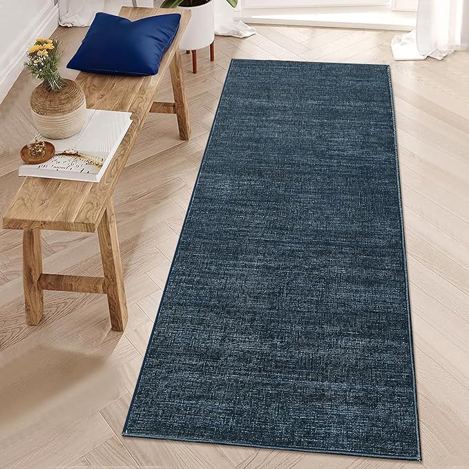 Hallway Runner Rug 2.5x8 Washable Non Slip Kitchen Runner Rugs Low Pile Modern Solid Color Living Room Rugs Minimalist Plain Entry Long Runners Boho Accent Solid Runner Rugs for Bedroom Nursery, Blue