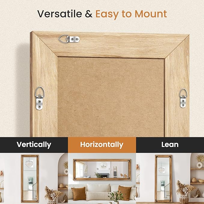 TRAHOME Full Length Mirror with Wooden Frame, 65"X24" Solid Wood Standing Floor Mirror for Farmhouse, Bathroom, Bedroom, Hanging or Leaning Wall-Mounted