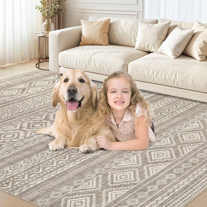 cotiled 10x12 Area Rug Living Room: Washable Boho Rugs with Non Slip Backing Large Soft Indoor Stain Resistant Carpet for Bedroom Farmhouse Dining Room Lightweight Home Decor Coffee Brown