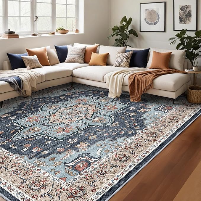 TOPRUUG Washable Oriental Area Rug - 12x12 Rugs for Living Room Soft Carpet for Bedroom Waterproof Floral Distressed Indoor Stain Resistant Non-Shedding Floor Carpets (Blue/Teal/Orange, 12x12)