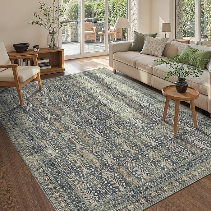 Rugxara 5x7 Washable Area Rugs for Bedroom & Living Room - Floral Boho Vintage Rug,Soft & Non-Slip,Low Pile Wool Carpet for Indoor Dining Room,Girls Room,Nursery Room and Kids Room(Ivory Blue)