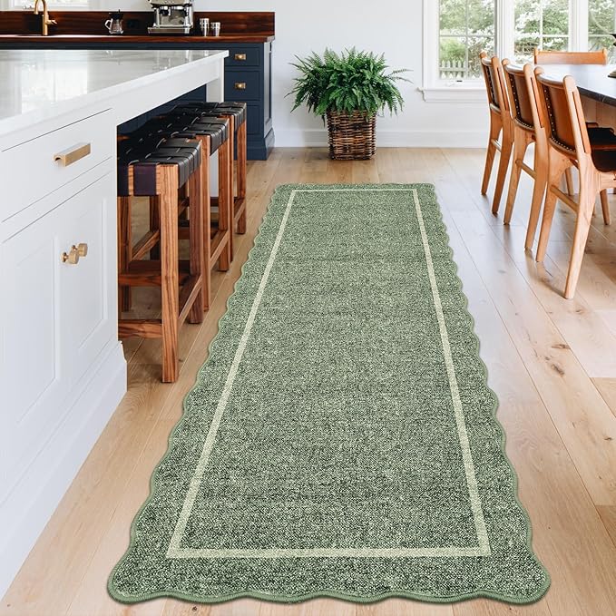 GarveeHome Scalloped Washable Runner Rug 2x6 Runner Modern Non Slip Kitchen Rugs Farmhouse Entryway Rug Soft Bathroom Rugs Stain Resistant Carpet for Laundry Bedroom 2 ft x6 ft Greyish Green