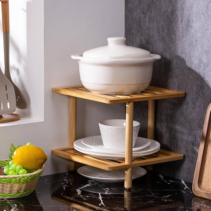 2-Tier Expandable Bamboo Corner Shelf - Dish/Plate Organizer for Cabinet, Kitchen Counter Shelf & Small Kitchen Shelf, Adjustable (2, Natural, 6.7" H-Large)