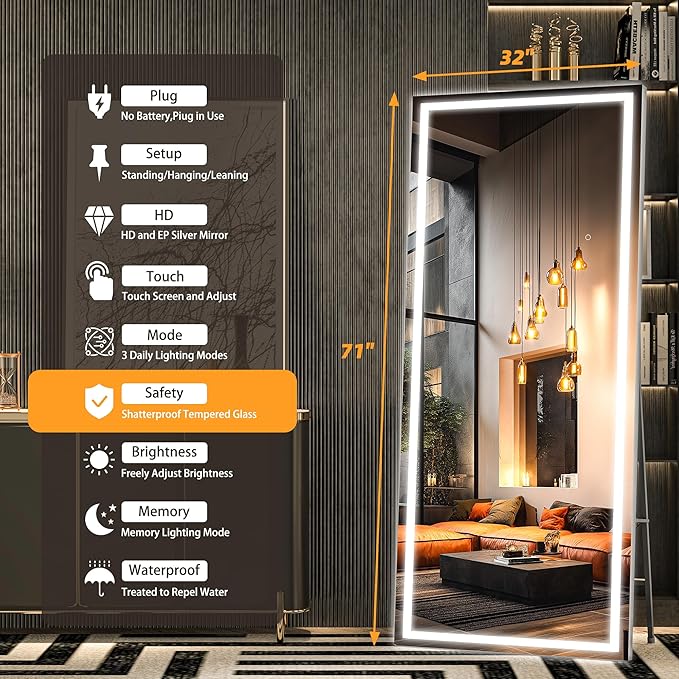 Hasipu Full Length Mirror with Lights, 71" x 32" LED Lighted Floor Standing, Full Body Dressing Hanging Mounted Mirror, Tempered Glass, Square Black