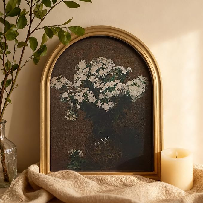 TwoDays Gold Vintage Flower Arched Wood Framed Wall Art – Moody Floral Canvas Picture for Home Aesthetic Wall Decor, Cottagecore Farmhouse Artwork Prints for Living Room, Bedroom (11" x 13.8")