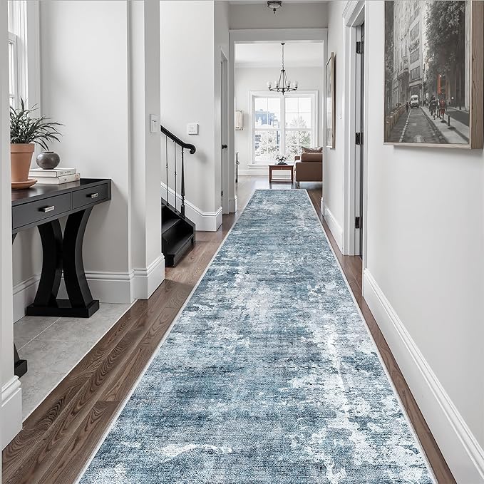 Soalmost Runner Rug 2'6" x 16' Washable Non-Slip 2.5x16 ft Long Runner Rugs for Kitchen Bathroom Laundry Room Vintage Ultra Thin Runners for Hallway Entryway Blue/Grey