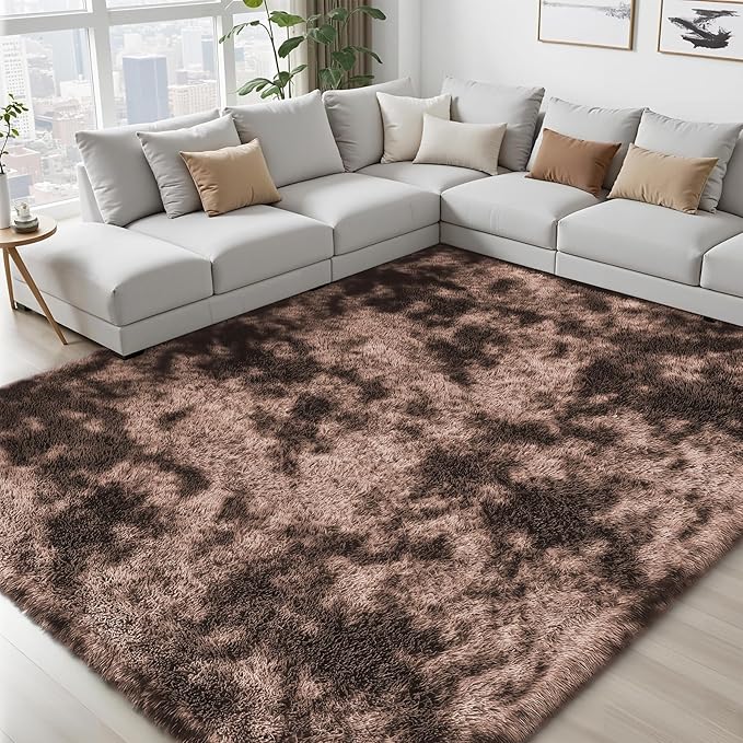 Area Rug for Living Room Bedroom: 9x12 Soft Fluffy Shag Upgrade Non-Slip High Pile Carpet Large Fuzzy Plush Indoor Floor Decor Shaggy Coffe Tie-Dyed Rug for Kid Boys Girls Playroom Nursery Modern Home