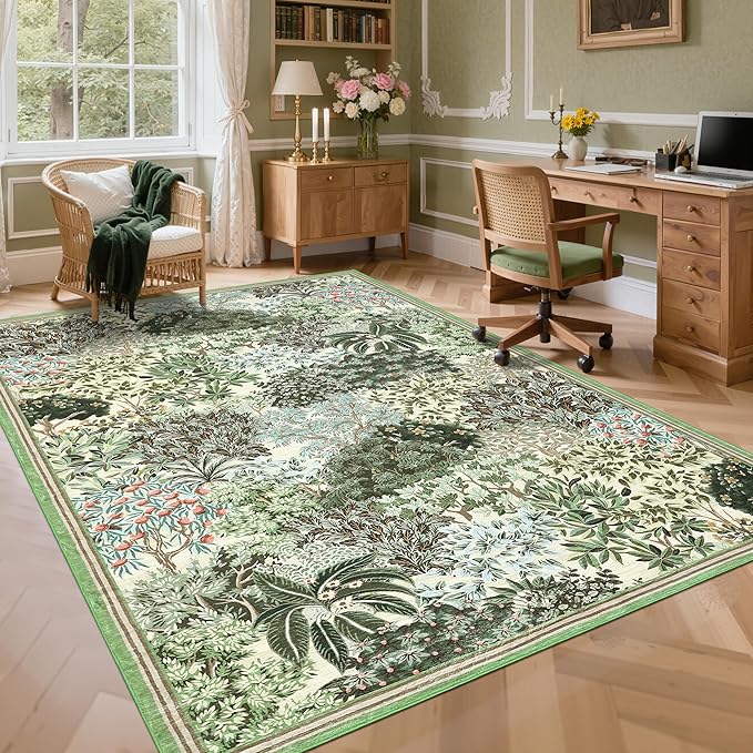 GarveeHome Forest Rugs 8x10, Beige Green Washable 8x10 Area Rug for Living Room, Botanical Low Pile Non Slip Stain Resistance Large Carpet for Office Dining Room, Farmhouse