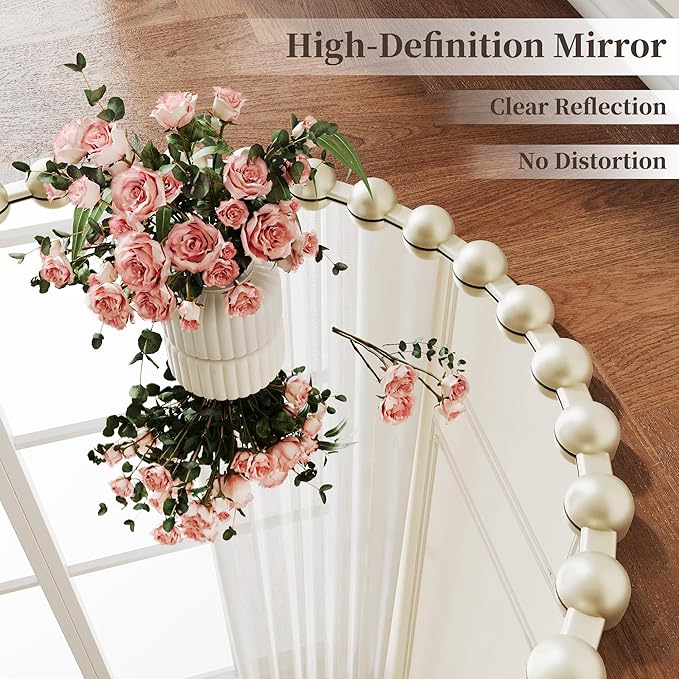 Round Vanity Wall Mirror, 24 Inch Beaded Frame Circle Mirror for Bathroom, Bedroom Dresser, Entryway, Living Room, Decorative Hanging Wall Mirror, Silver