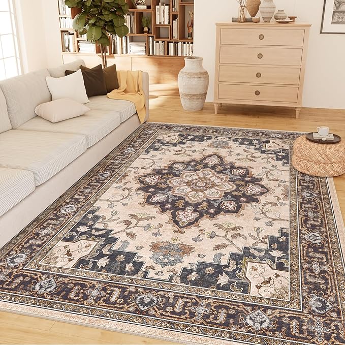 CAPALOCA Machine Washable Rugs Nursery Rug 6x9 Cute Girl Non Slip Low Pile Water Repellent Soft Print Pattern for Bedroom Indoor Decor Kids Playroom Coffeebeige