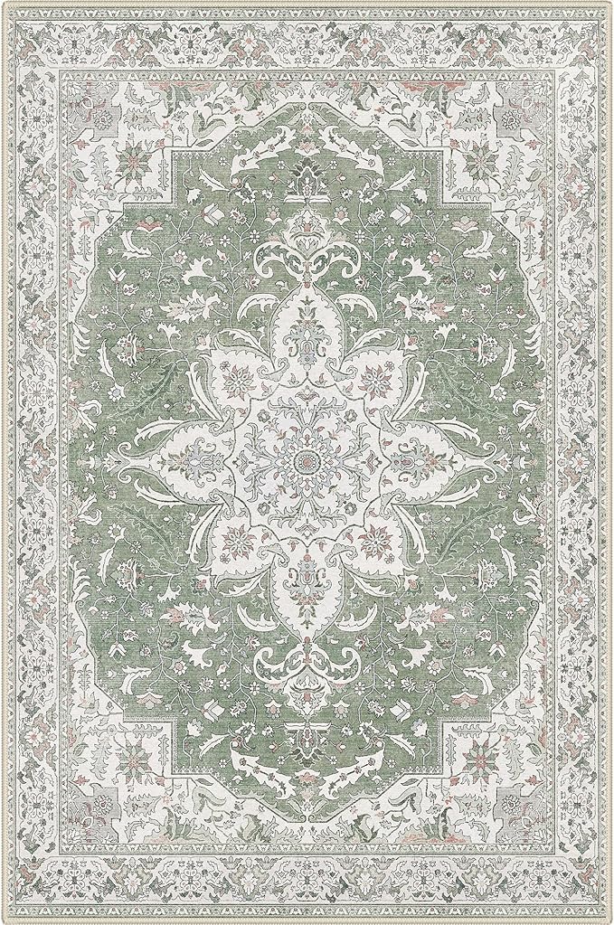 GENIMO 3X5 Washable Vintage Area Rugs for Living Room, Non-Slip Low Pile Chenille Print Rug, Soft Rugs for Bedroom Dining Room Home Office, Sage & Linen