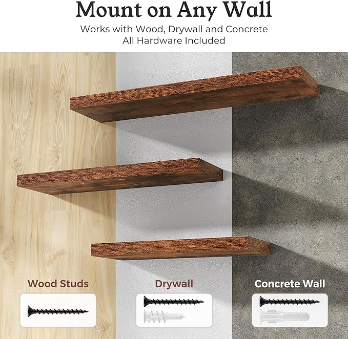 Floating Shelves for Wall, 9.3" Deep Wall Mounted Wood Shelves for Bathroom, Bedroom, Living Room, Kitchen, Hanging Shelf for Books/Storage/Room Decor (Brown, 55")