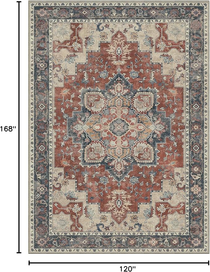 GENIMO 10x14 Area Rugs for Living Room, Machine Washable Non Slip Vintage Rugs, Low Pile Lightweight Chenille Print Rug for Bedroom, Dining Room, Home Office,Bordeaux