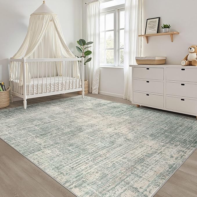 6x8 Area Rugs Living Room: Washable Large Neutral Green Rug Abstract Soft Modern Stain Resistant Indoor Floor Non-Slip Carpet for Bedroom Nursery Kids Office Playroom Dining Room Under Table Home