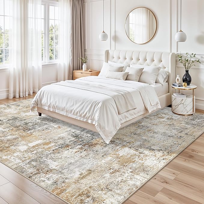 10x10 ft Square Living Room Rug – Washable Modern Abstract Area Rug for Bedroom, Dining Room, Playroom – Neutral Non-Slip Low-Pile Thin Indoor Carpet (Gold Grey)