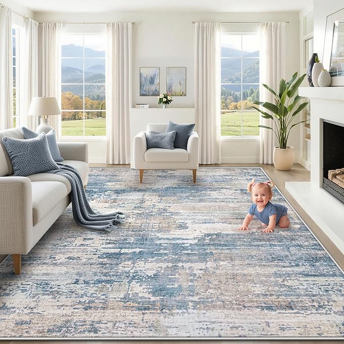XLUEZ 8x10 Area Rugs for Living Room, Washable Modern Abstract Large Area Rug Neutral Soft Non Slip Kids Rug Stain Resistant Indoor Carpet for Bedroom Nursery Dining Room Playroom(BlueBeige, 8'x10')