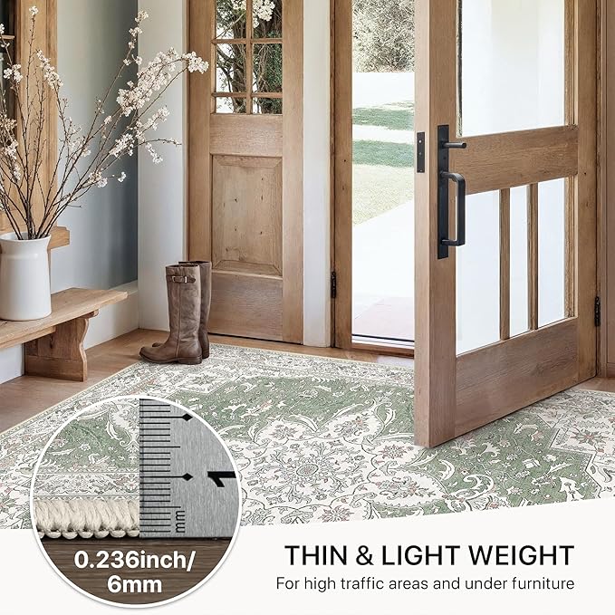 GENIMO 2X7 Washable Vintage Runner Rug for Hallway, Non-Slip Low Pile Chenille Print Rug, Soft Rugs for Indoor Entryway Kitchen Corridor, Sage & Linen