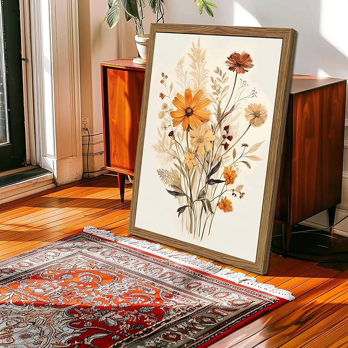 Vintage Wildflower Framed Canvas Wall Art Set of 3 – Rustic Botanical Floral Pictures Prints for Living Room Bedroom Bathroom, Retro Boho Wall Decor for Home Aesthetic 12x16 inch