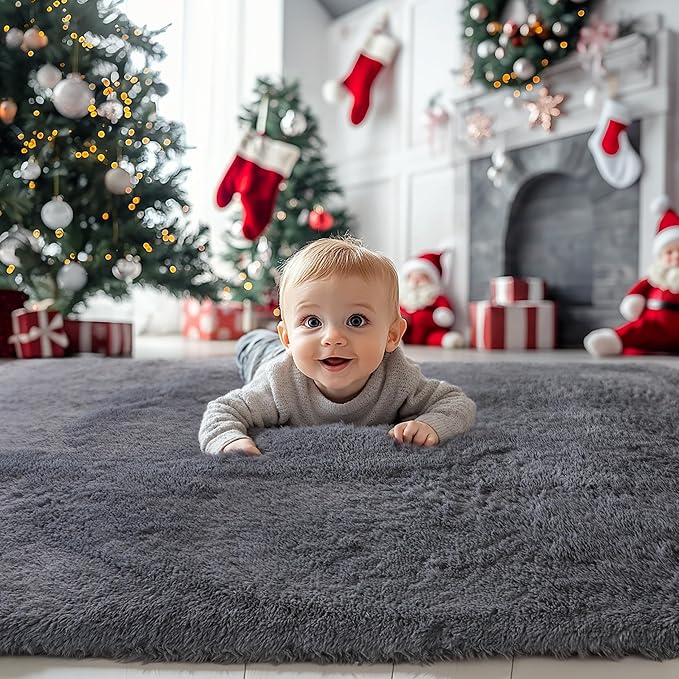 KICHOWUA 4x6 Grey Fluffy Shag Rug for Bedroom, Soft Plush Fuzzy Washable Non Slip Carpet for Living Room, Gray Modern Floor Cozy Furry Shaggy Throw Area Rugs for Kids Boys Baby Nursery Dorm Room