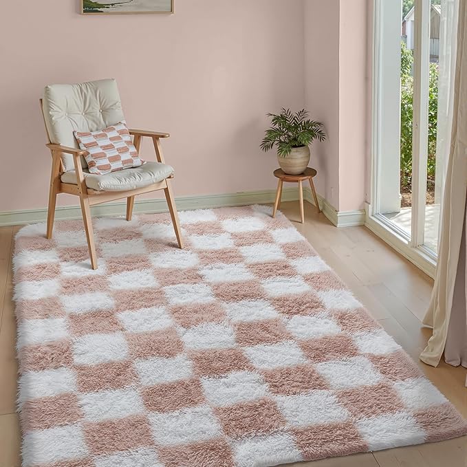 PureCozy Checkered Rug 4x6 for Living Room, Pink and White Modern Shag Rug Super Soft Washable Fluffy Rugs Indoor Office Fuzzy Carpet for Bedroom Home Dorm Aesthetic Decor