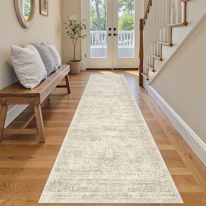 Soalmost Runner Rug 2'x8' Washable Non-Slip Runner Rugs for Kitchen Bathroom Laundry Room Beige Vintage Floor Carpet Runners for Hallway Entryway