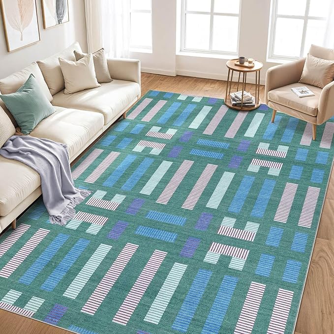 cotiled 5x8 Area Rug Living Room: Washable Boho Rugs with Non Slip Backing Large Soft Indoor Stain Resistant Carpet for Bedroom Farmhouse Dining Room Lightweight Home Decor Green