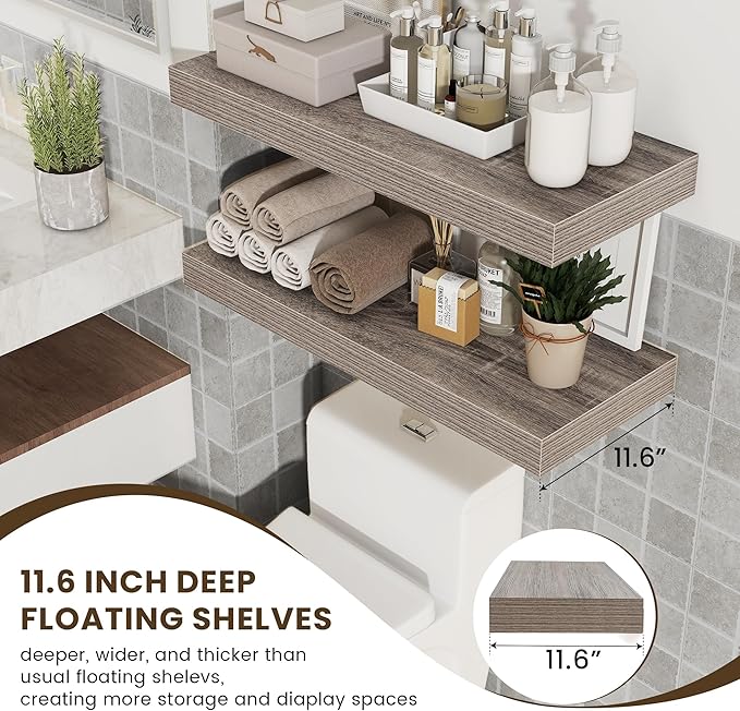 FLYJOE 30 Inch Floating Shelves | 12 Inch Deep Grey Floating Shelves Set of 2 | 30" W x 12" D Rustic Wood Shelves for Wall | Deep Grey Shelves for Living Room Bathroom Laundry Room Kitchen