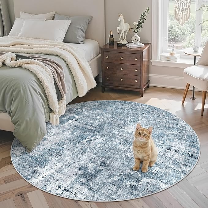 Soalmost 6x6 Blue/Grey Round Rug 6ft Living Room Circle Rug Vintage Round Area Rug Non Slip Indoor Carpet for Dining Room Bedroom