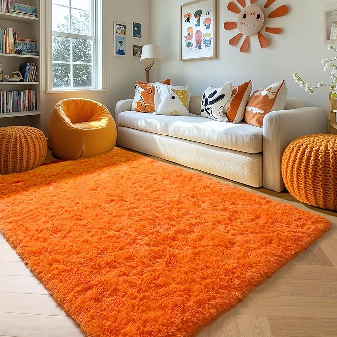 Amdrebio Orange Rugs for Bedroom Living Room, 5x7 Fluffy Fuzzy Area Rugs for Kids Room Decor Aesthetic, Cute Furry Plush Shag Carpet for Toddler Teen Girls Boys Baby Nursery Dorm Playroom Classroom