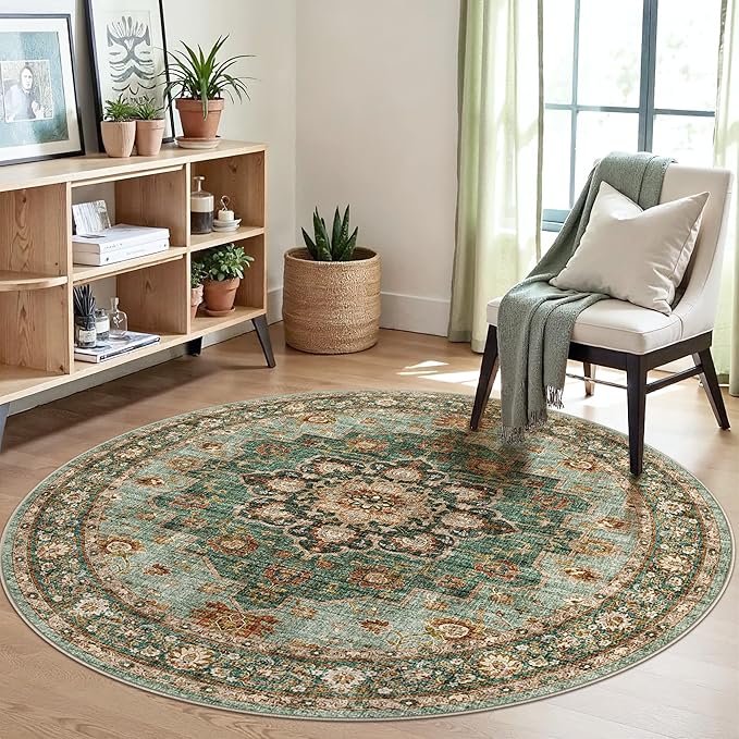 TOPRUUG Washable Oriental Area Rug - 5ft Round Rugs for Living Room Soft Carpet for Bedroom Waterproof Floral Distressed Indoor Stain Resistant Non-Shedding Floor Carpets (Green, 5ft-Round)