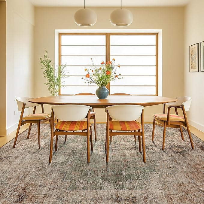 Hazo Haus Vintage Distressed Medallion Area Rug for Living Room – 10x14 Green Brown Extra Large Washable Rug for Bedroom & Dining Room Under Table, Ultra-Thin Soft Non-Slip Lightweight Printed Design