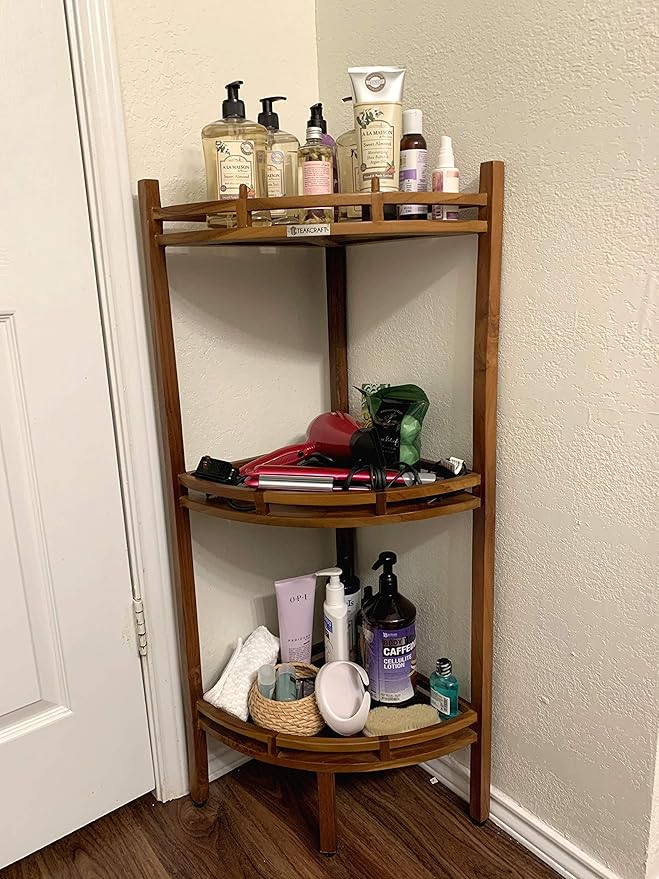 TeakCraft Teak Corner Shower Shelf, 3 Tier, 14Wx14Lx39.5H inches, Fully Assembled, The OM