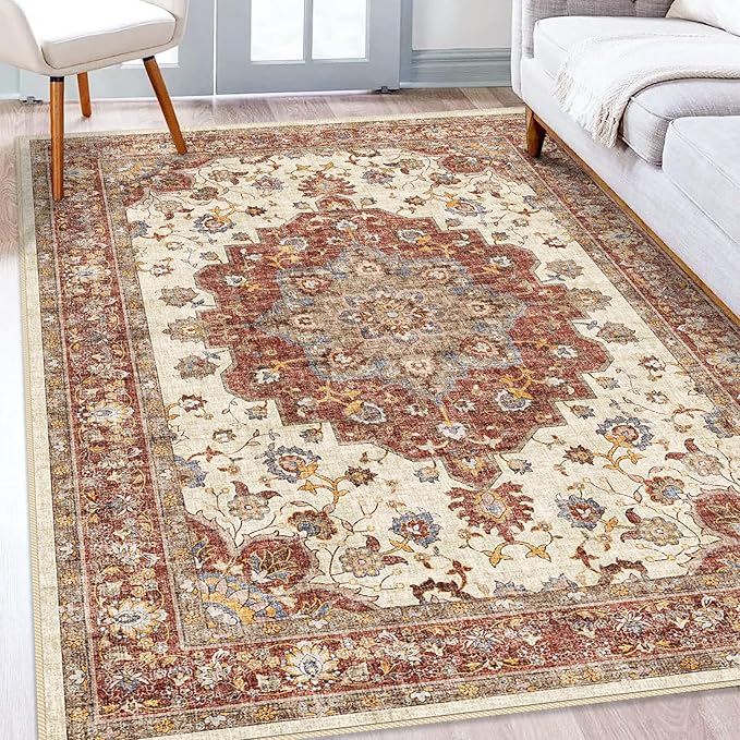 TOPRUUG Washable Oriental Area Rug - 5x8 Rugs for Living Room Soft Carpet for Bedroom Waterproof Floral Distressed Indoor Stain Resistant Non-Shedding Floor Carpets (Red, 5x8)