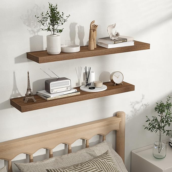 Fun Memories Rustic Wood Floating Shelves for Wall, Space-Saving Wall Mounted Shelves for Bathroom, Bedroom, Living Room and Kitchen, Stylish Storage & Display (Set of 2, Walnut, 36 in)