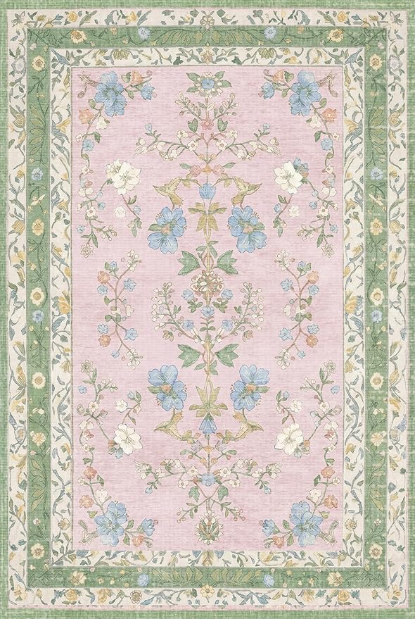 GENIMO 5x7 Area Rugs for Living Room, Machine Washable Non Slip Vintage Rugs, Low Pile Lightweight Chenille Print Rug for Bedroom, Dining Room, Home Office, Light Green Pink