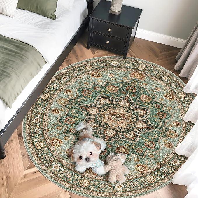 TOPRUUG Washable Oriental Area Rug - 5ft Round Rugs for Living Room Soft Carpet for Bedroom Waterproof Floral Distressed Indoor Stain Resistant Non-Shedding Floor Carpets (Green, 5ft-Round)