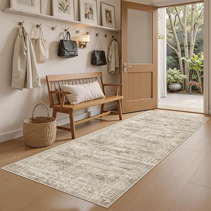Soalmost Runner Rug 2x5 Washable Non-Slip Kitchen Runner Rugs for Bathroom Laundry Room Brown Vintage Floor Carpet Runners for Hallway Entryway