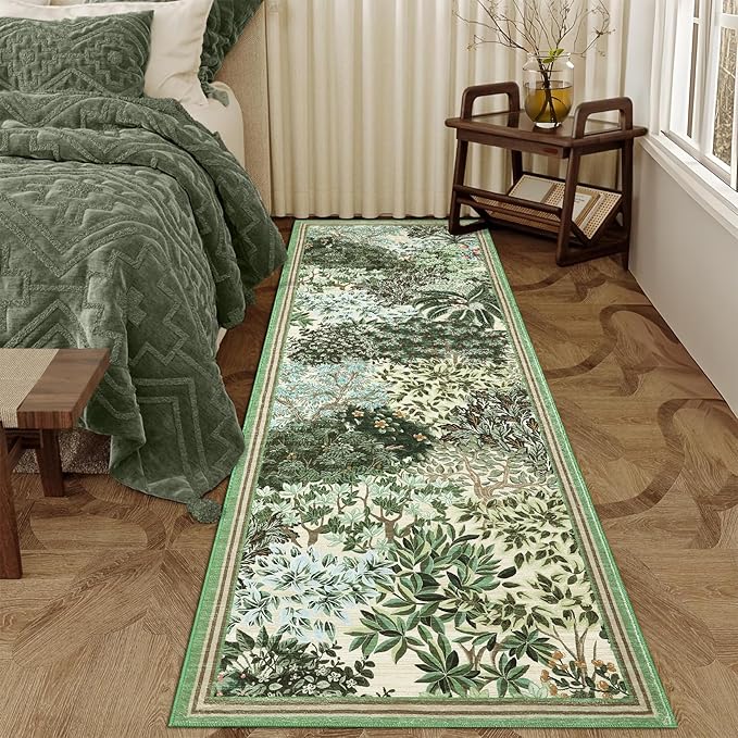 GarveeHome Forest Runner Rug, Beige Green Washable Runner Rug 2x6 for Kitchen, Botanical Low Pile Non Slip Stain Resistance Woodland Hallway Rug for Entryway Bedroom Laundry Room
