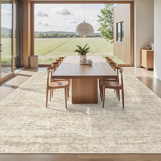Soalmost 12x15 Washable Area Rug Beige Neutral Abstract Living Room Large Carpet Non Slip Bedroom Indoor Office Dining Room Low Pile Thin Rug