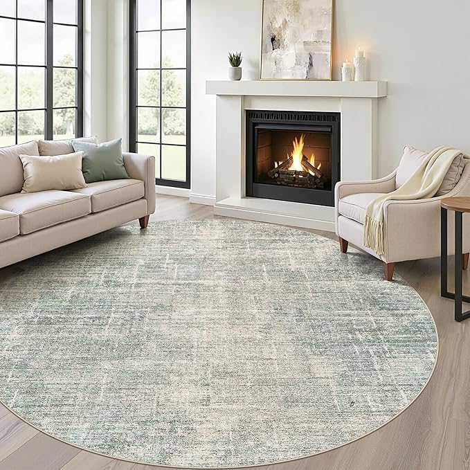 8ft Round Rug Living Room: 8x8 Washable Large Neutral Green Circle Area Rug Abstract Soft Modern Stain Resistant Indoor Floor Non-Slip Carpet for Bedroom Nursery Kids Office Playroom Dining Room