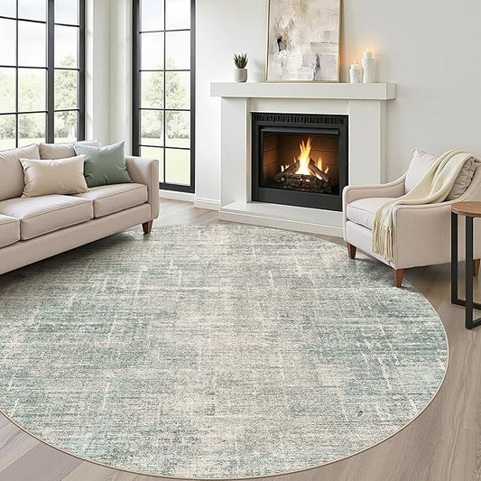 8ft Round Rug Living Room: 8x8 Washable Large Neutral Green Circle Area Rug Abstract Soft Modern Stain Resistant Indoor Floor Non-Slip Carpet for Bedroom Nursery Kids Office Playroom Dining Room