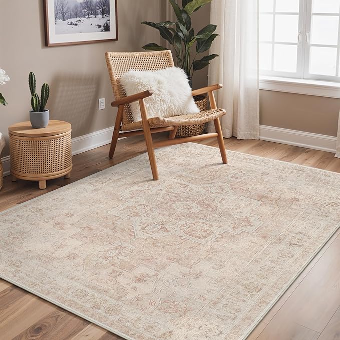 GENIMO 10x14 Area Rugs for Living Room, Machine Washable Rug, Non Slip Indoor Vintage Rug, Low Pile Lightweight Chenille Print Carpet for Bedroom Dining Room Home Office, Light Pink